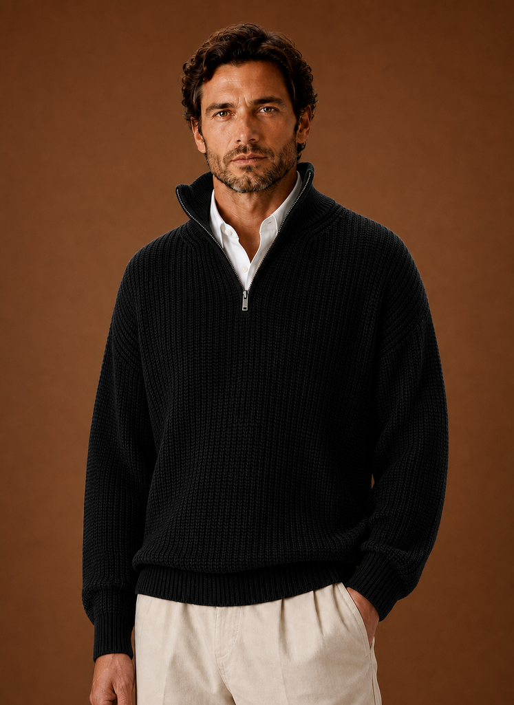 Front view of Areleon oversized half-zip ribbed pullover