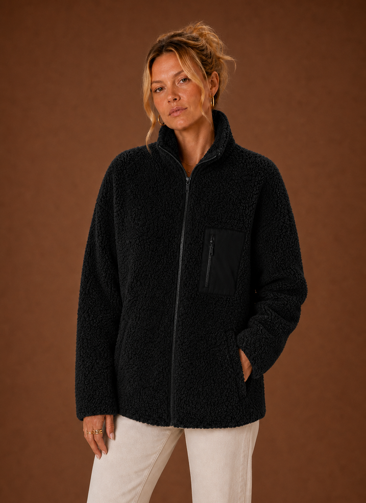 Front view of Areleon Sherpa Zip-Up Jacket showing full-zip closure