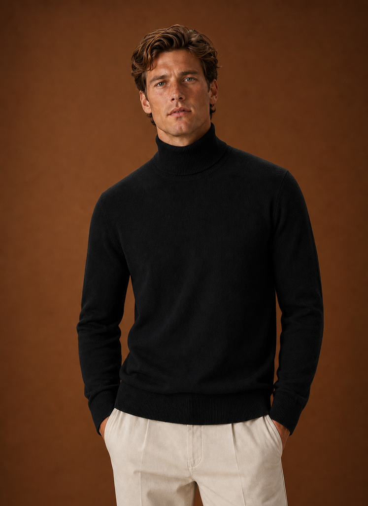 Men's Turtleneck Sweater - Roll Neck Knit Pullover front view