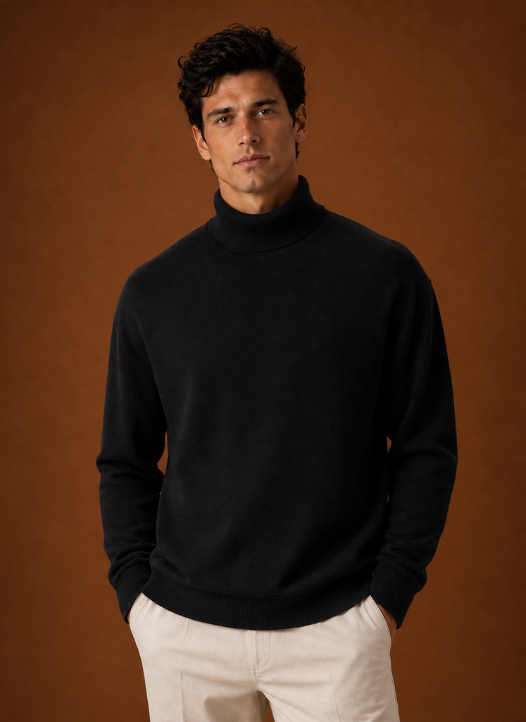 Men's Turtleneck Sweater - Classic Roll Neck Knit Pullover front view