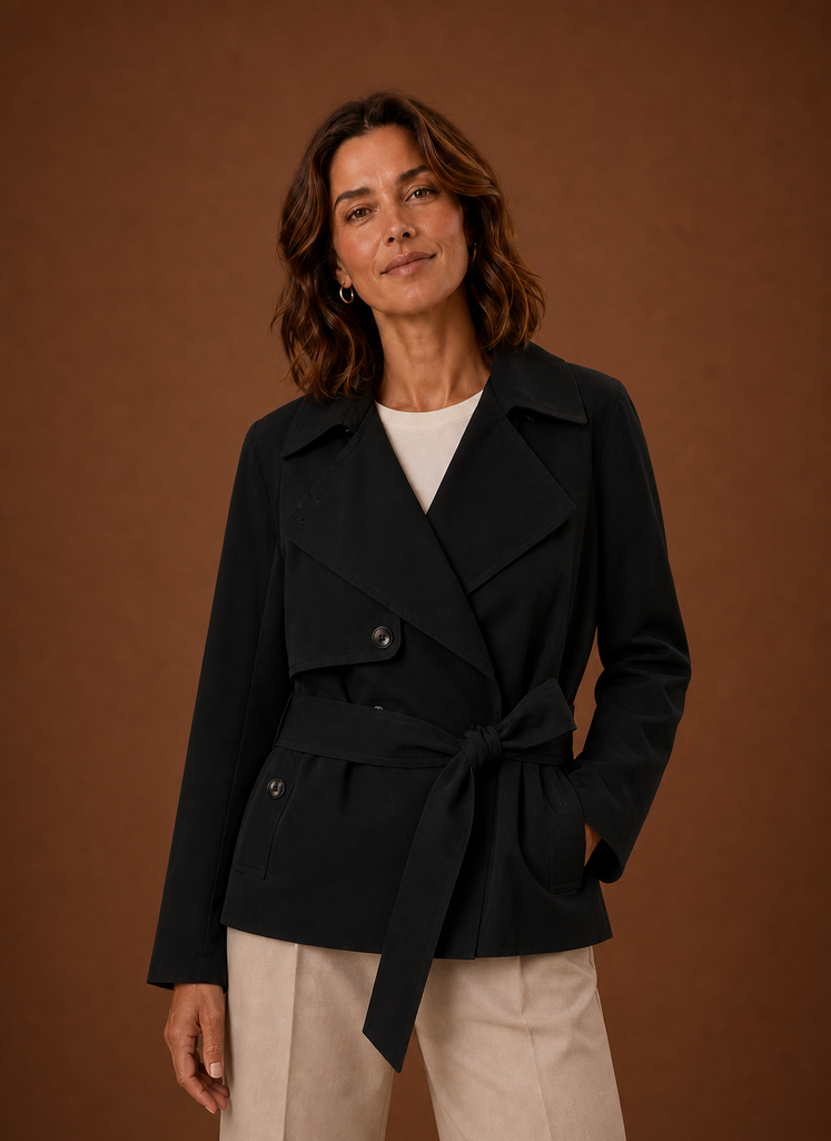 Front view of women's belted trench jacket showing belted waist and streamlined silhouette