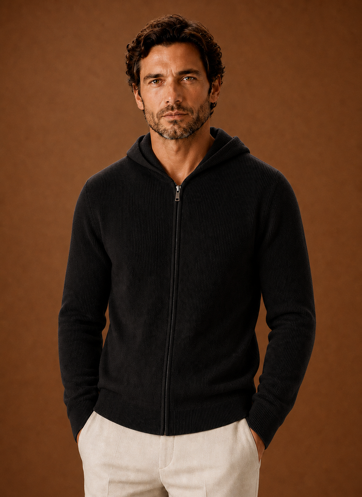 Front view of Areleon men's full-zip knit hoodie on model