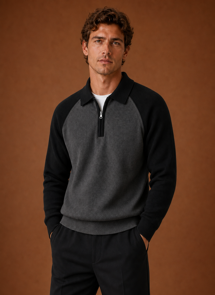 Front view of men's half-zip knit sweater on a mannequin