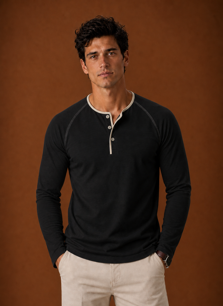 Front view of a men's Henley shirt showing button placket and neckline