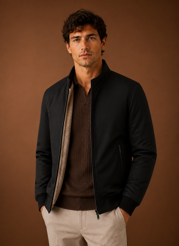 Front view of the Areleon men's casual jacket in navy, showing a clean silhouette and tailored fit