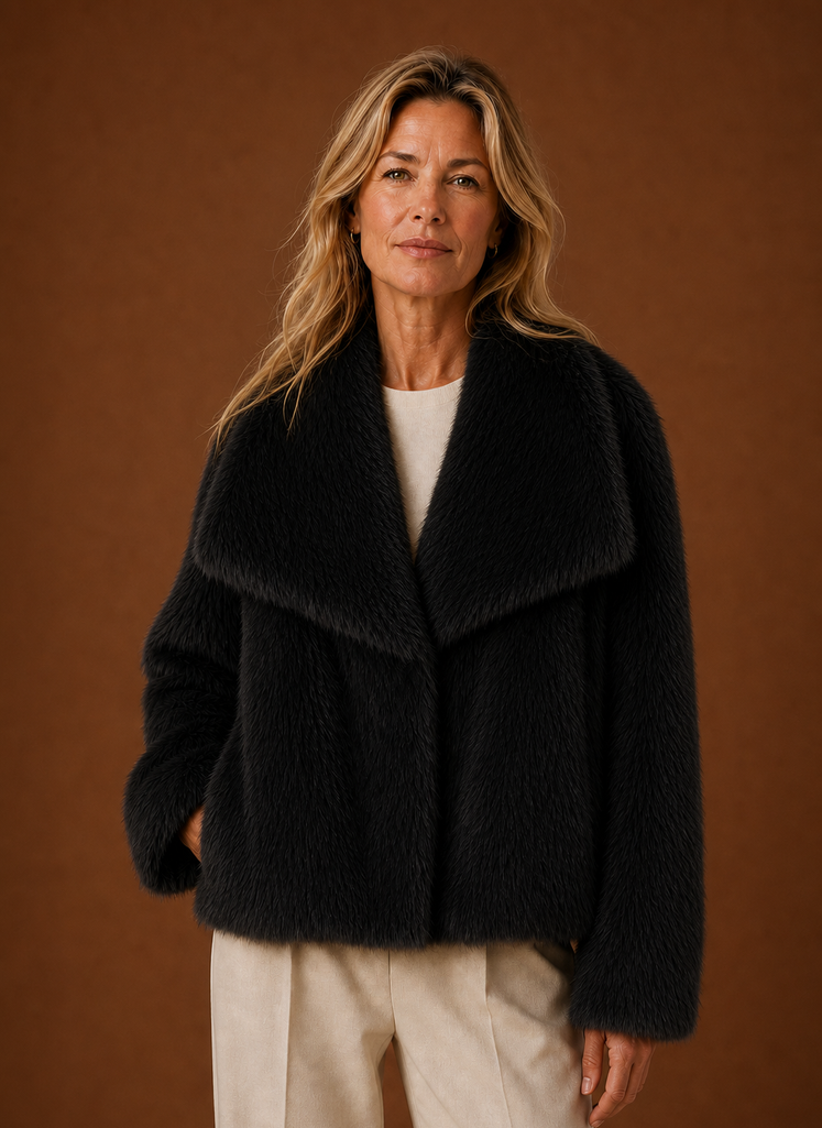 Front view of women's faux fur coat showing open-front silhouette