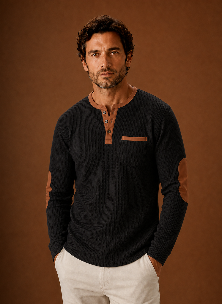 Front view of men's waffle-knit Henley long-sleeve shirt on a plain background