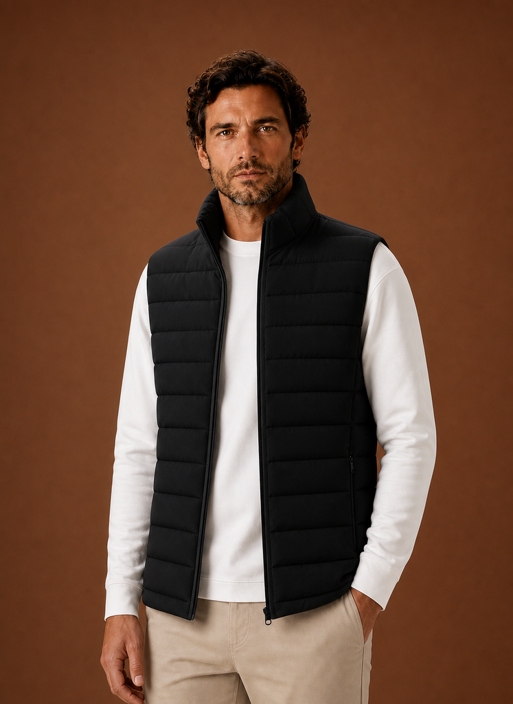 Front view of the men's quilted puffer vest on a mannequin showing stand collar and front profile
