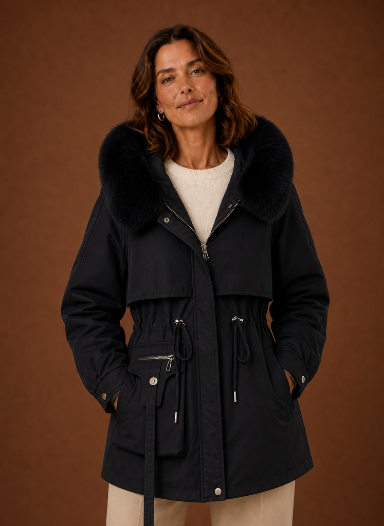 Front view of women's parka jacket with hood trimmed in faux fur