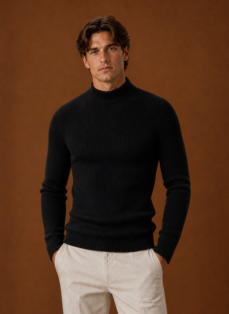 Men's Turtleneck Sweater - Ribbed Roll Neck Knit Pullover front view