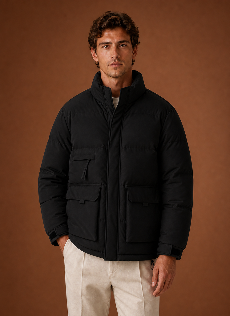 Front view of a high-neck puffer jacket on a mannequin showing the clean silhouette