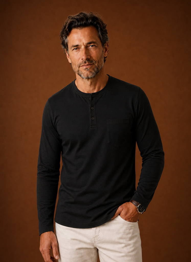 Front view of men's long-sleeve Henley shirt with chest pocket and button placket