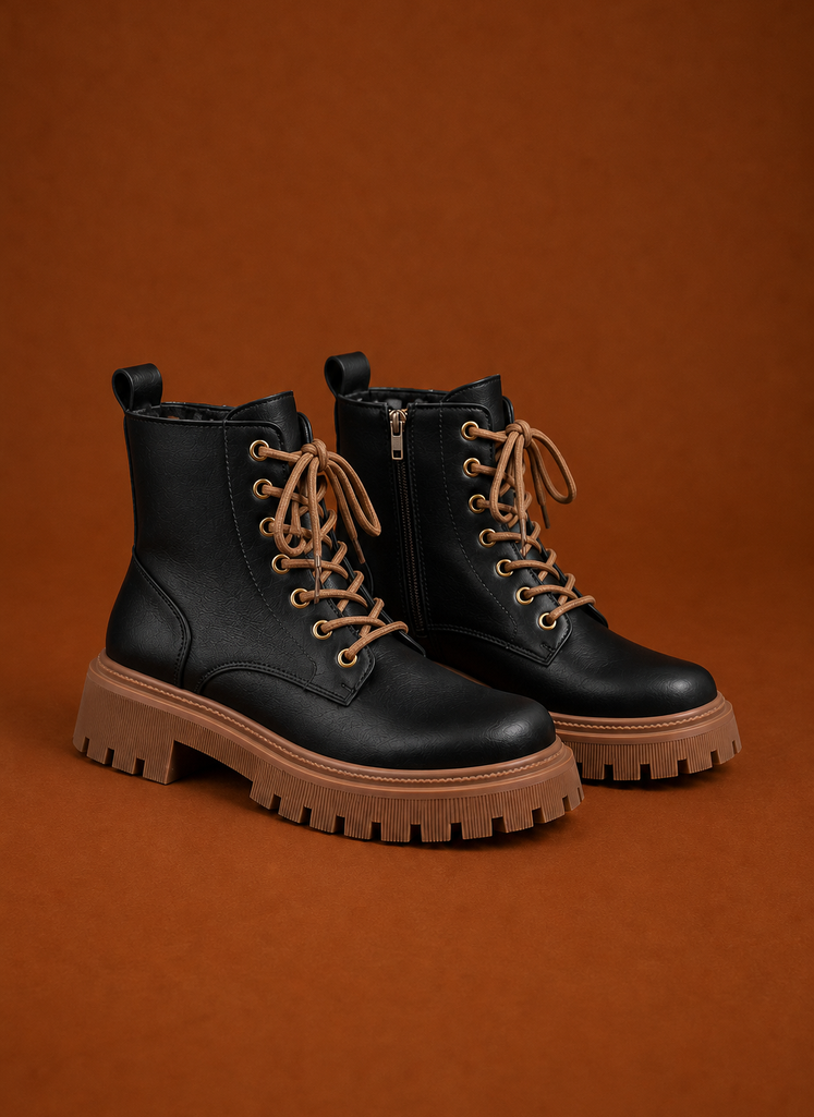 Front view of a women's lace-up ankle boot with chunky lug sole