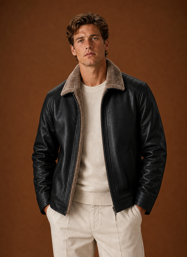 Front view of men's casual jacket showing zip-front and collar
