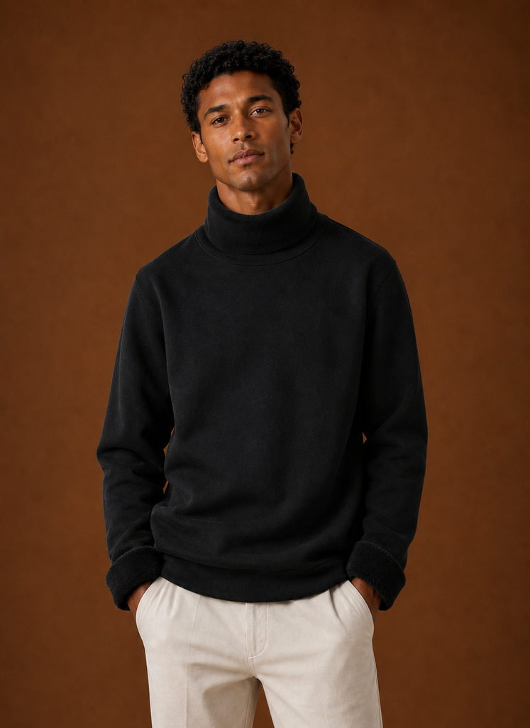 Men's Turtleneck Sweater - Fleece Lined Roll Neck Pullover front view