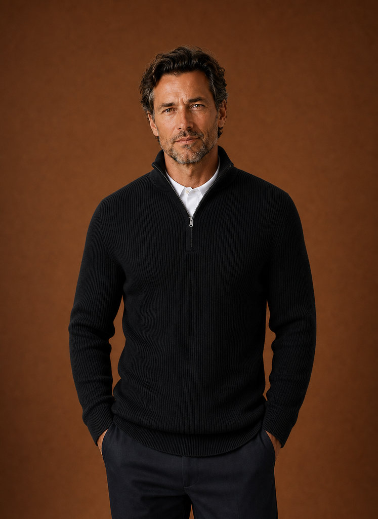 Front view of a men's quarter-zip ribbed sweater on a mannequin showing the high neck and zip closure