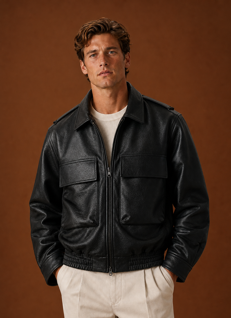 Front view of Areleon men's oversized jacket in black on a mannequin