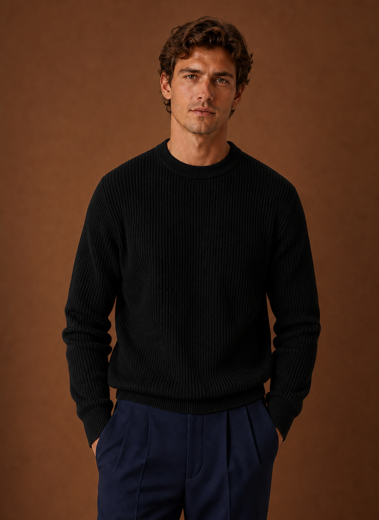 Front view of men's ribbed crew neck sweater on mannequin