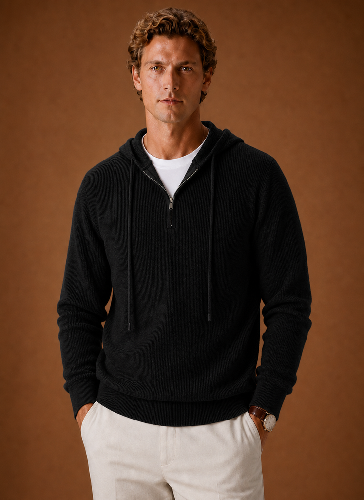 Front view of men's hooded half-zip knit sweater on a mannequin showing the hood and half-zip placket