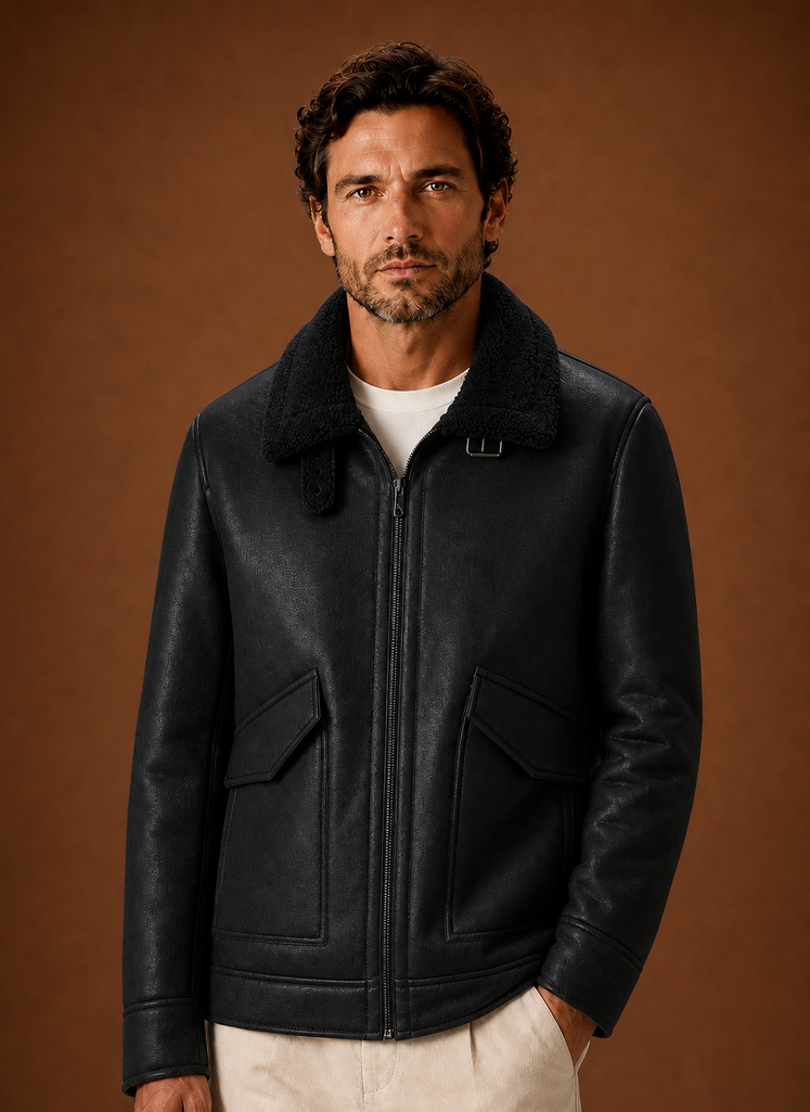 Front view of men's winter coat on mannequin showing tailored overcoat silhouette