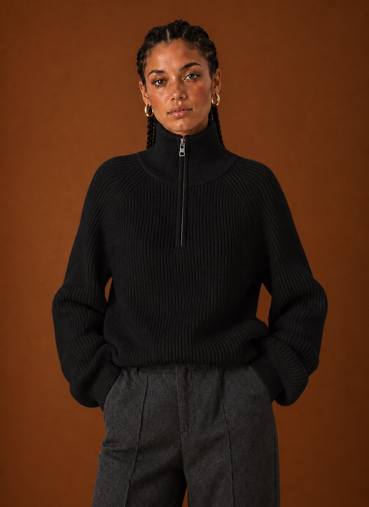 Front view of the Areleon quarter-zip knit sweater on a mannequin