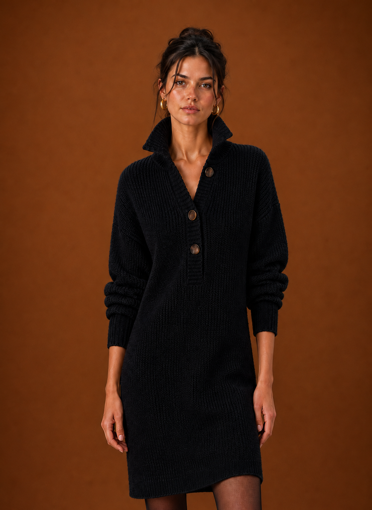 Front view of women's sweater dress showing long-sleeve midi pullover silhouette