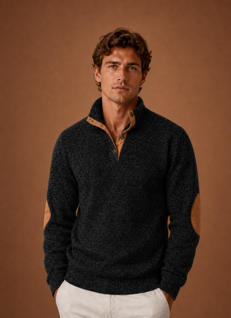 Front view of a men's mock neck pullover on a neutral background
