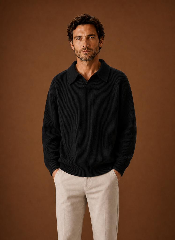 Men's Polo Sweater - Ribbed Knit Pullover front view