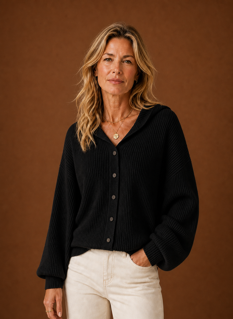Front view of women's ribbed knit hooded button cardigan on a mannequin