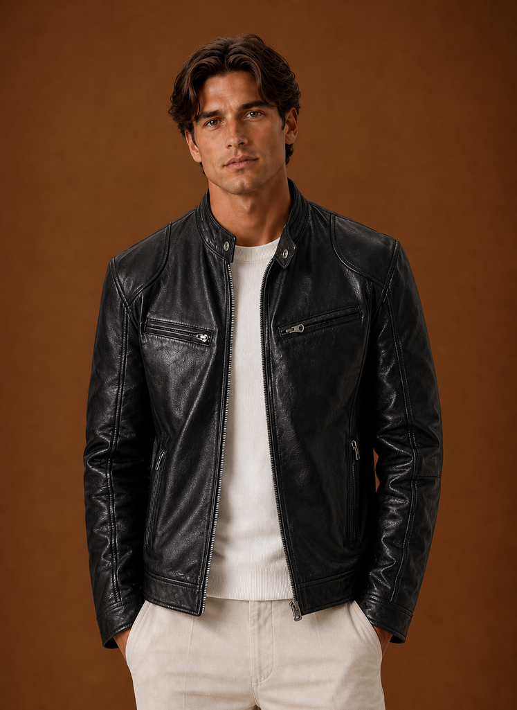 Front view of men's moto jacket showing classic motorcycle silhouette