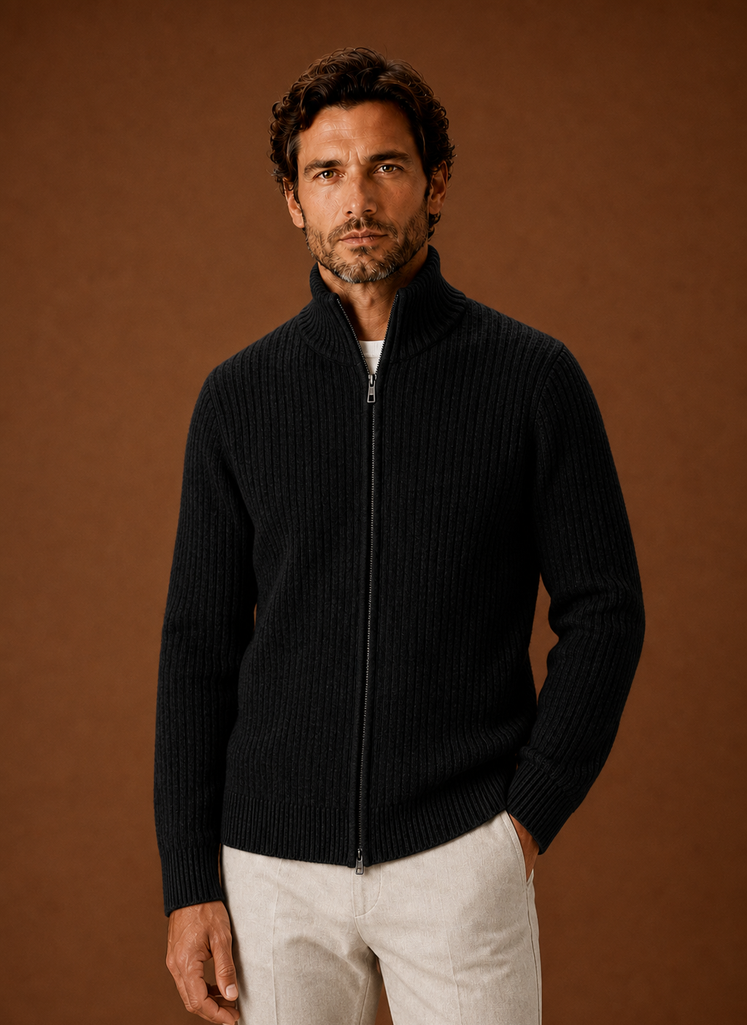 Front view of Areleon men's ribbed full zip sweater with high stand collar