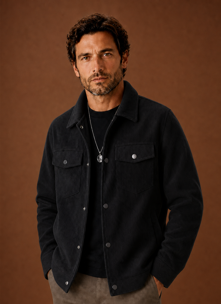 Front view of a men's crew neck knit sweater on a neutral background