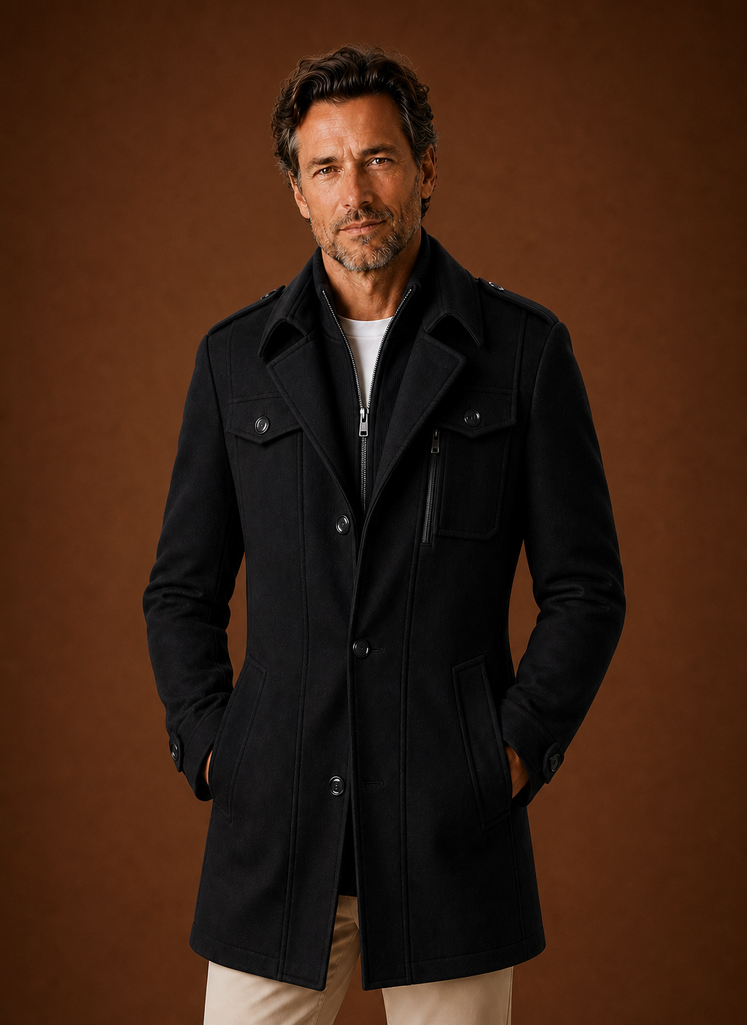 Front view of men's long coat showing single-breasted button front and tailored silhouette