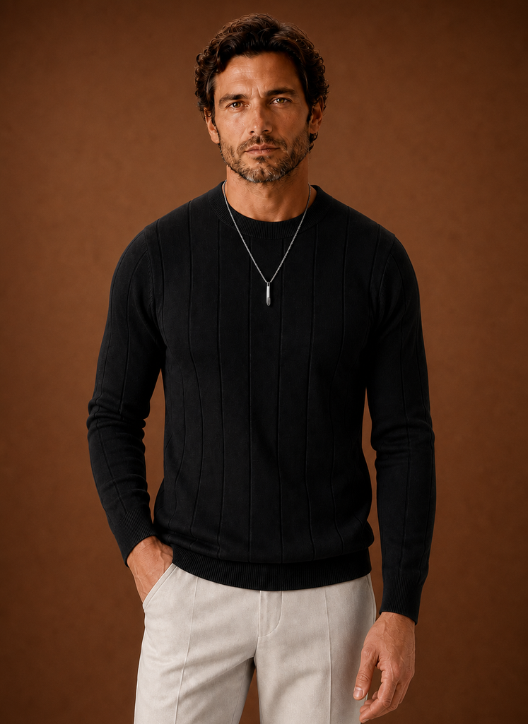 Front view of crew neck sweater in green on a neutral background