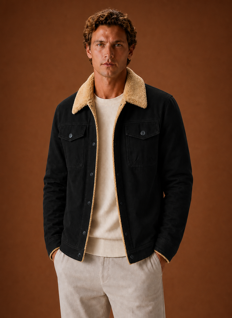 Front view of men's brown sherpa-lined jacket with fleece collar on a mannequin