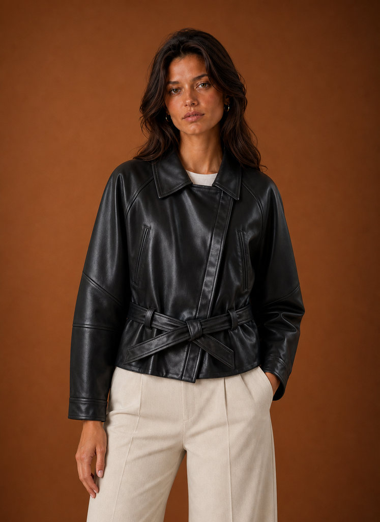 Front view of women's moto jacket on a mannequin showing zip-front and collar