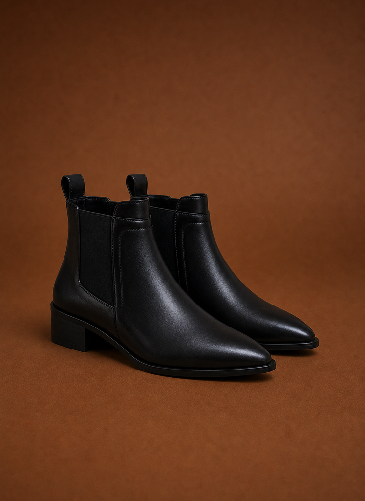 Front view of women's pointed-toe Chelsea ankle boot showing slim toe and front profile