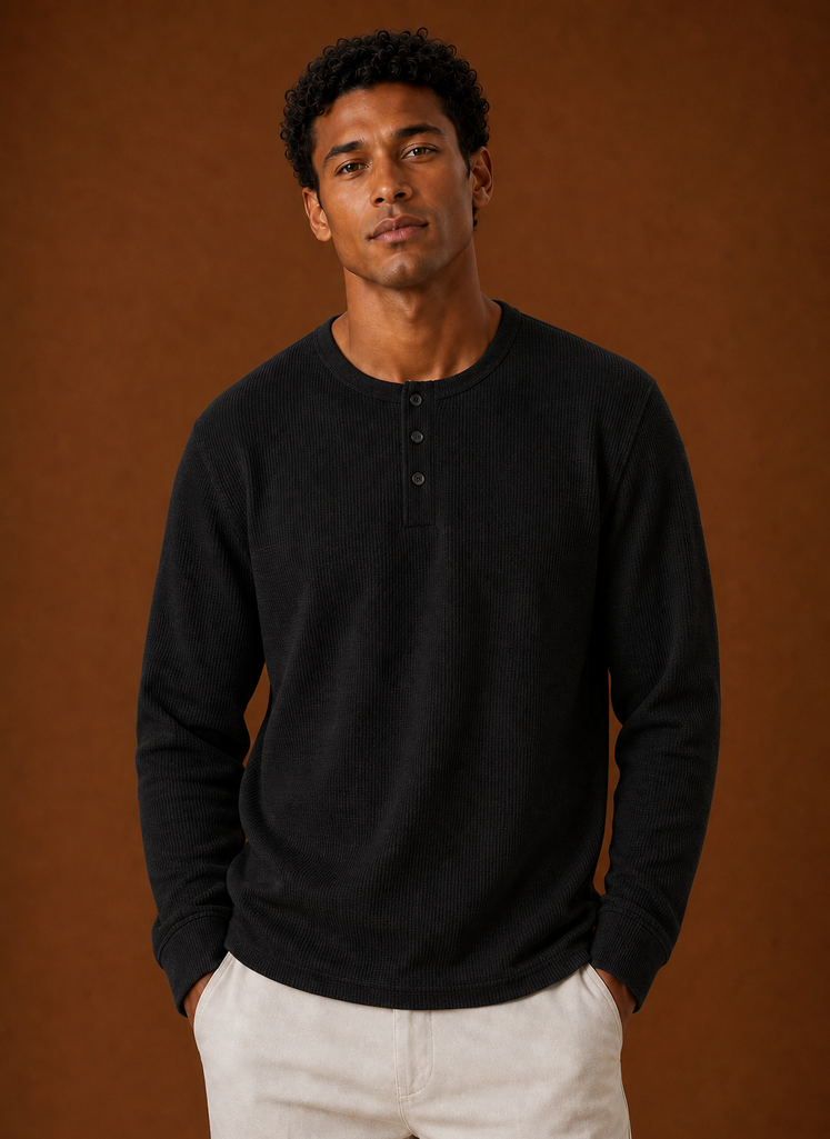 Front view of men's waffle knit Henley shirt showing button placket and textured knit