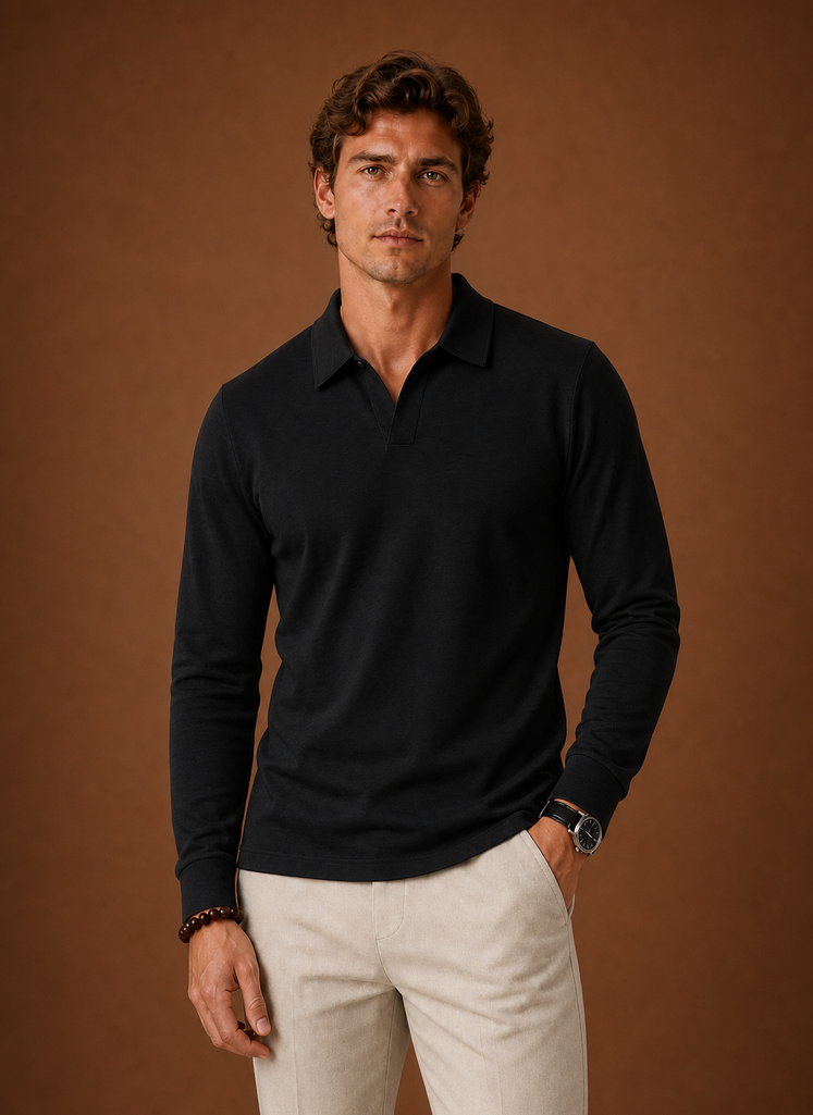 Front view of men's polo shirt showing classic collar and button placket in green