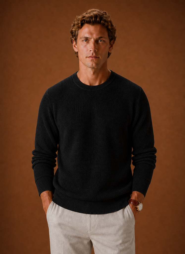 Front view of Areleon men's waffle knit crew neck sweater showing textured waffle stitch and crew neckline