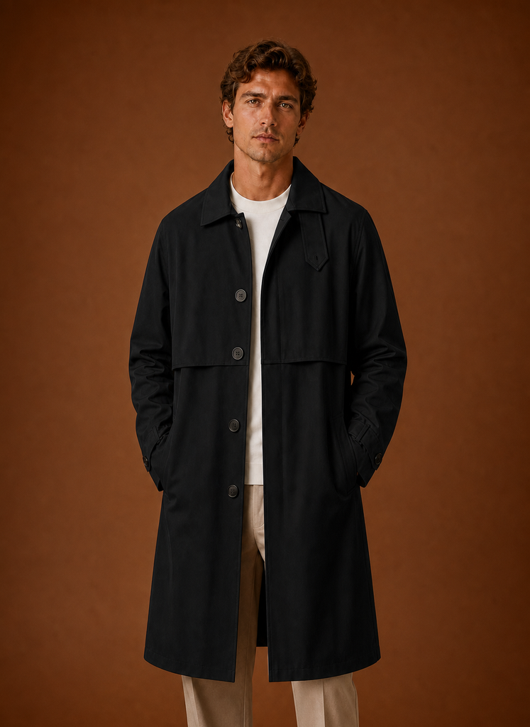 Front view of a men's mid-long trench coat in beige on a mannequin