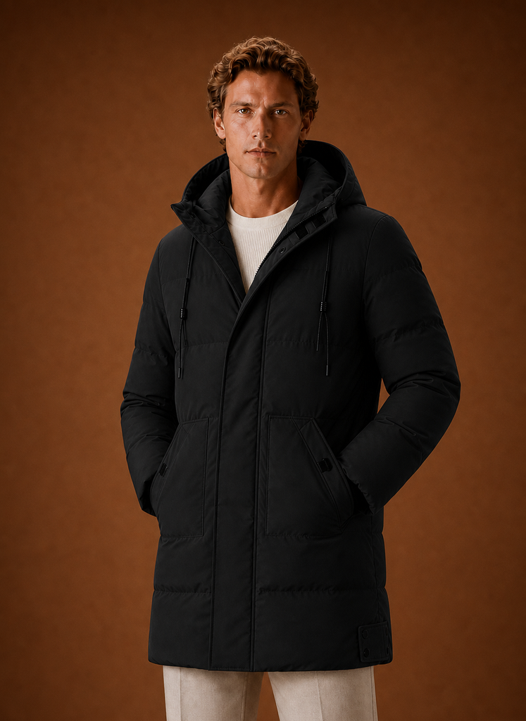 Front view of men's hooded puffer parka jacket in grey showing puffer channels and attached hood