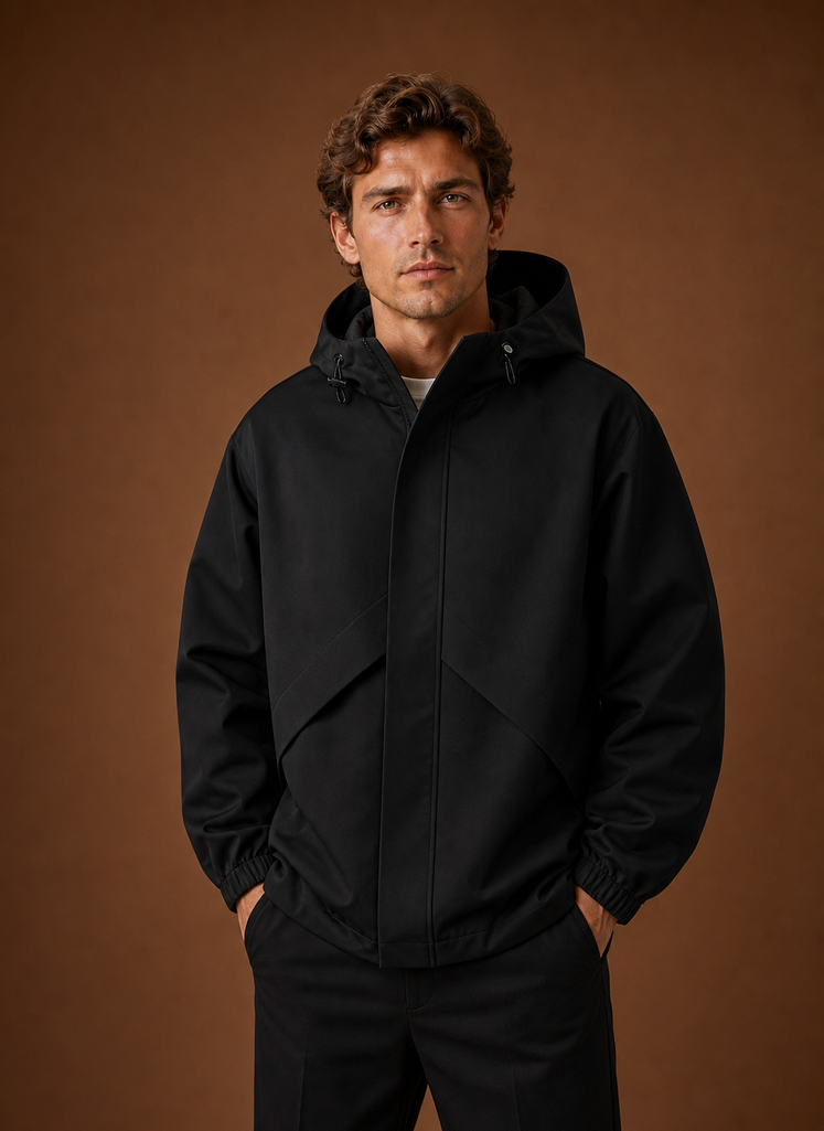 Front view of a men's black hooded windbreaker jacket on a neutral background