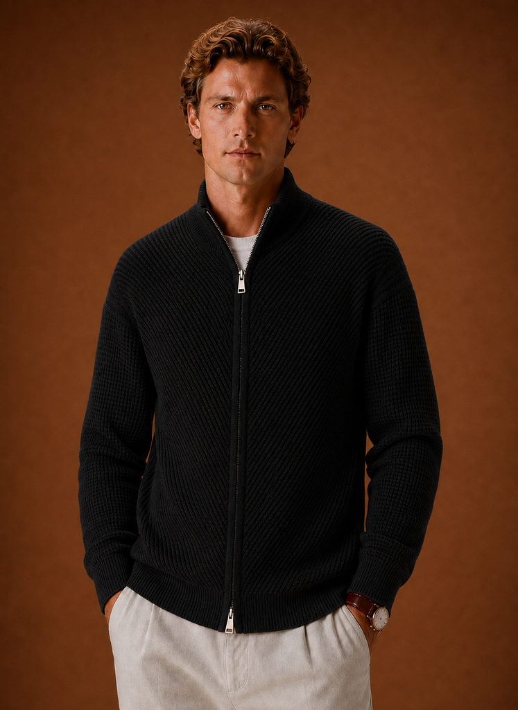 Front view of Areleon men's full-zip knit cardigan on a mannequin