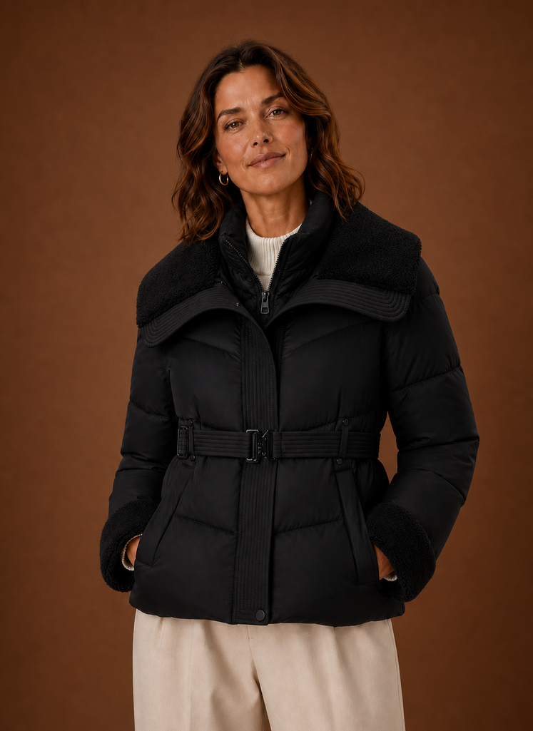 Front view of the women's belted puffer jacket on a plain background