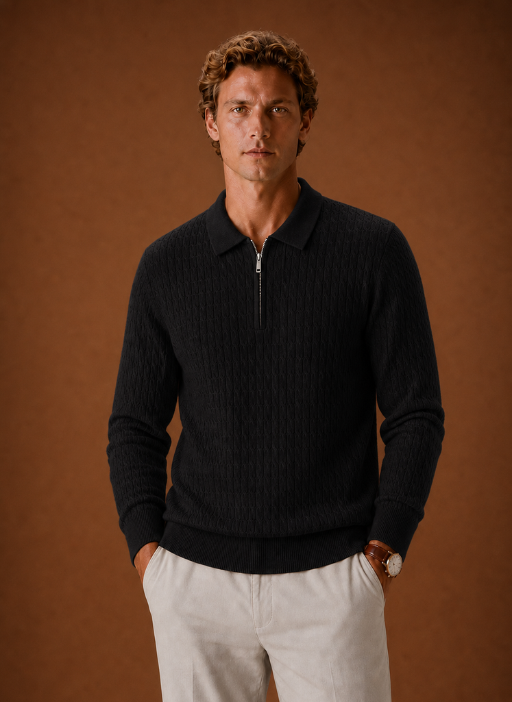 Front view of men's oversized half-zip pullover showing ribbed texture and zipper neckline