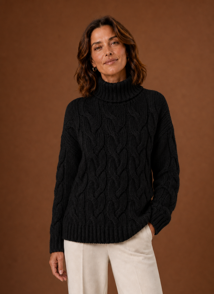 Front view of Areleon cable knit sweater showing full front cable pattern