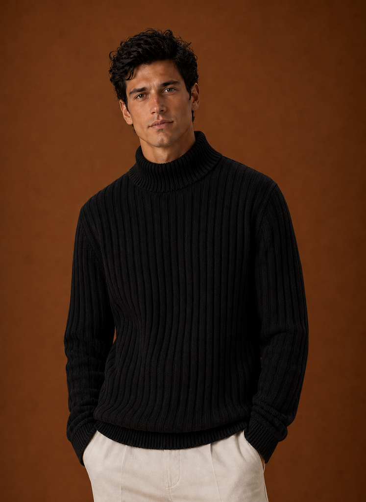Men's Turtleneck Sweater - Ribbed Roll Neck Knit Pullover front view
