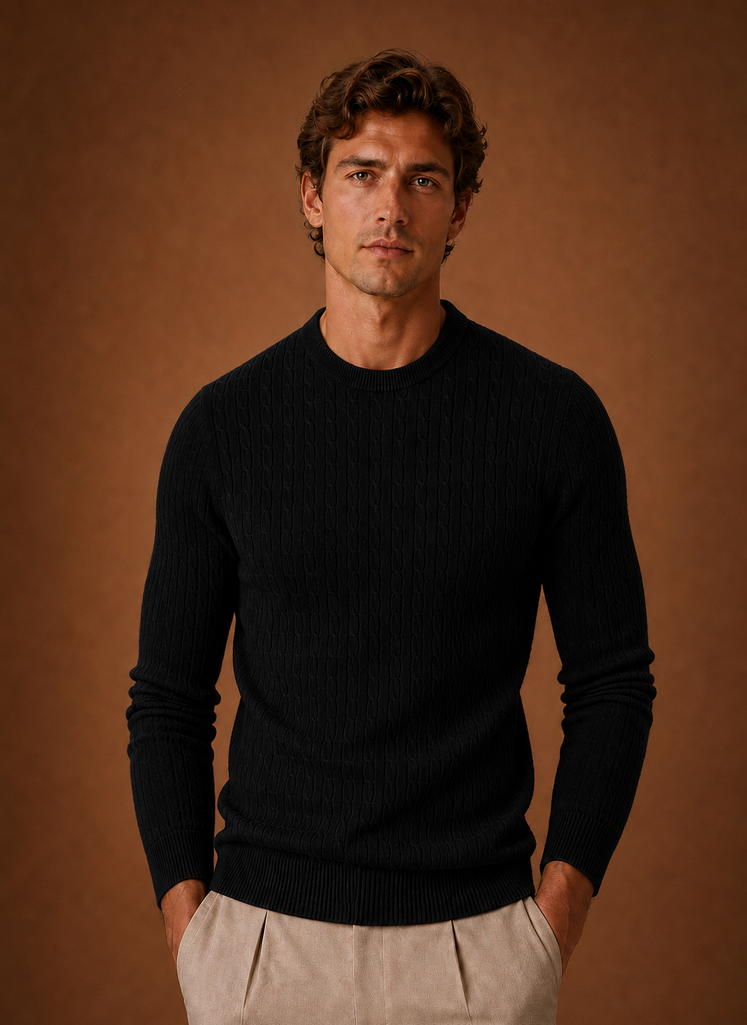 Front view of Areleon men's cable knit crew neck sweater on neutral background
