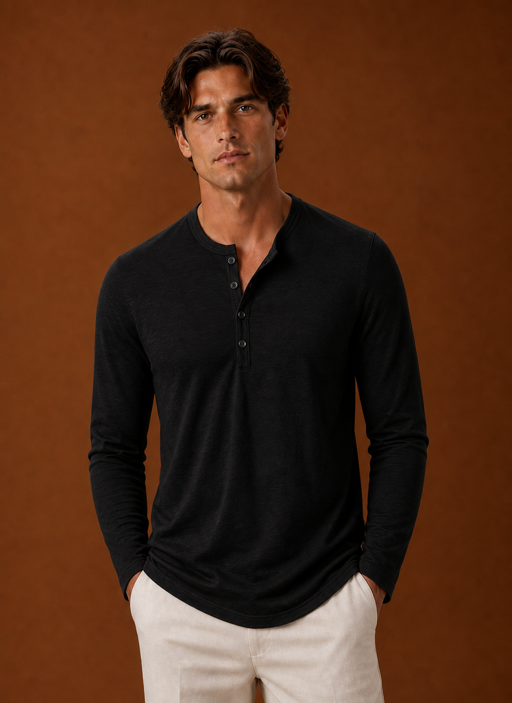 Front view of the Areleon men's Henley shirt showing the Henley neckline and button placket